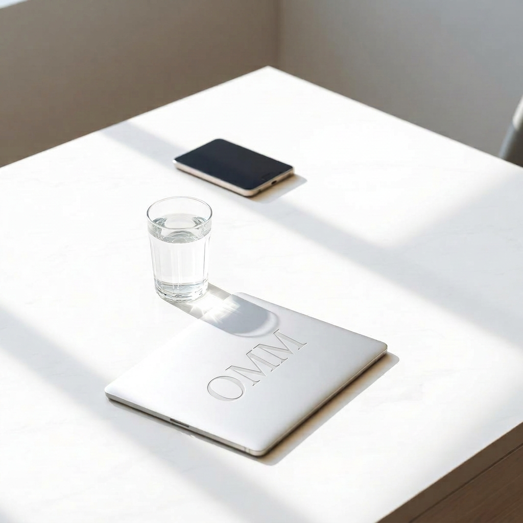 A minimalist executive workspace with a glass of water and a laptop on a marble desk